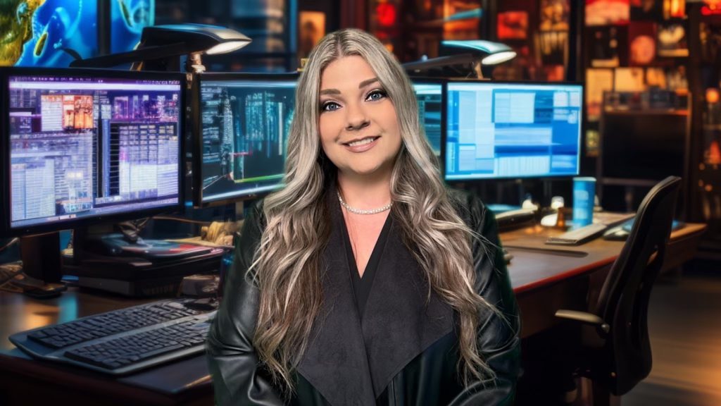 A smiling woman with long, wavy silver hair, wearing a black outfit, standing in a high-tech office environment with multiple computer monitors displaying data and graphics.