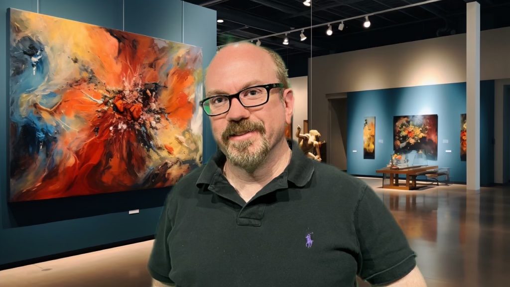 A man wearing glasses and a black polo shirt standing in an art gallery with vibrant abstract paintings on display in a well-lit space.