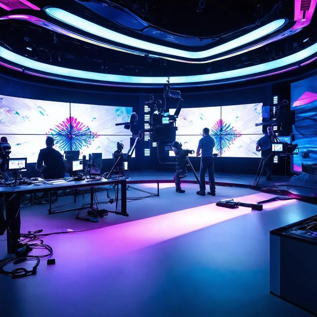 A modern TV studio with vibrant lighting, large digital screens displaying colorful graphics, and a team operating cameras and equipment during a live production.