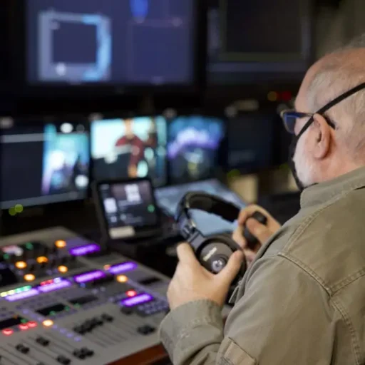 A broadcast technician seated at a control panel, holding headphones, with multiple screens displaying live video feeds and colorful control buttons illuminated in a dimly lit production environment.