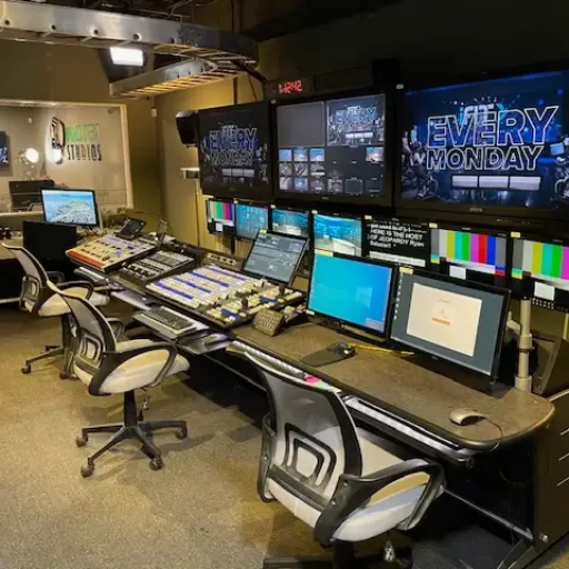 A fully equipped broadcast control room featuring multiple workstations with chairs, large monitors displaying live production feeds, colorful test screens, and video editing equipment. The setup is organized and modern, reflecting a professional production environment.