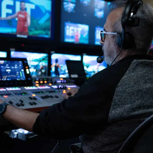 A broadcast technician operating a sound and video control board, wearing a headset with a microphone, surrounded by multiple screens displaying live feeds of a fitness program. The setup is professional, with dim lighting emphasizing the glowing equipment.