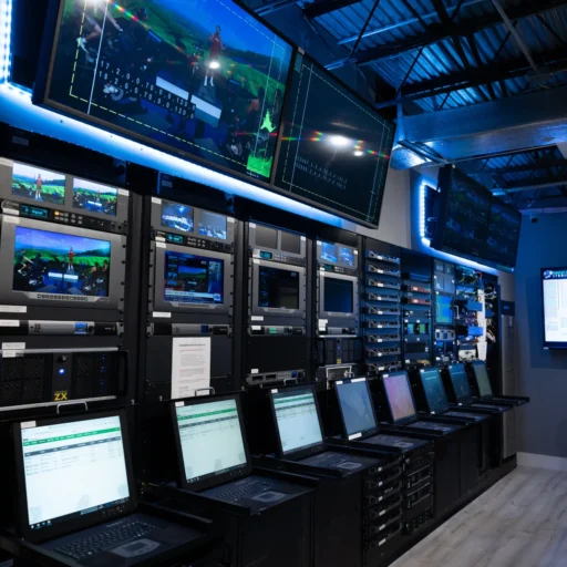 A high-tech broadcast server room filled with monitors, server racks, and laptops, displaying live feeds and technical data. The space is illuminated with blue LED lighting, showcasing an organized and modern audiovisual production setup.